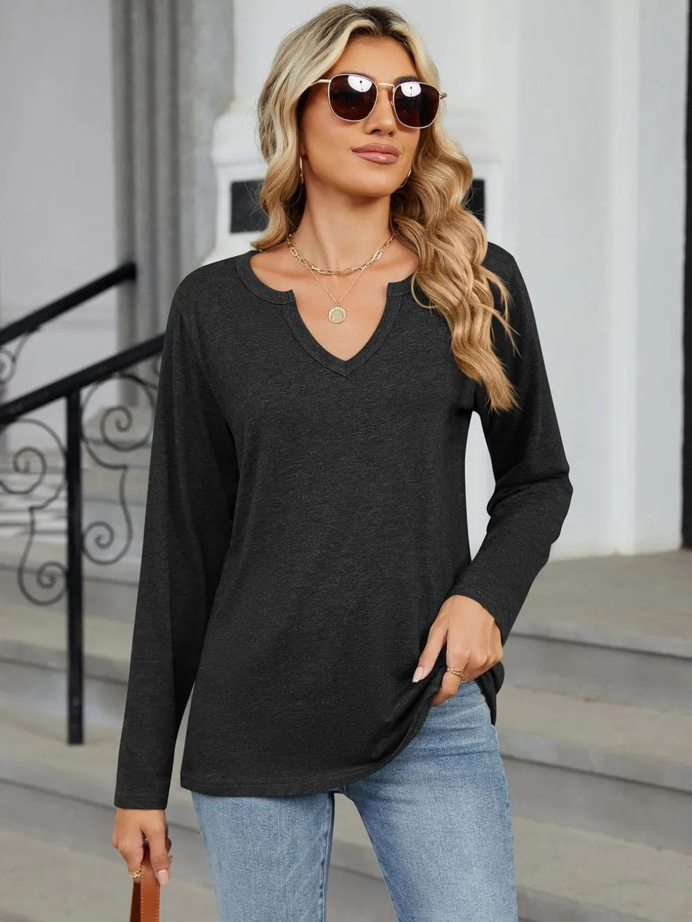 Notched Long Sleeve T-Shirt - Lilixa.store