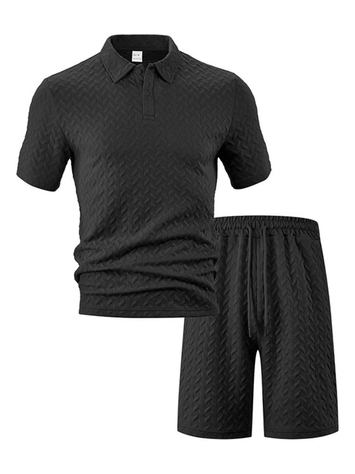 Men's Full Size Textured Polo Shirt and Shorts Set Plus Size in Black