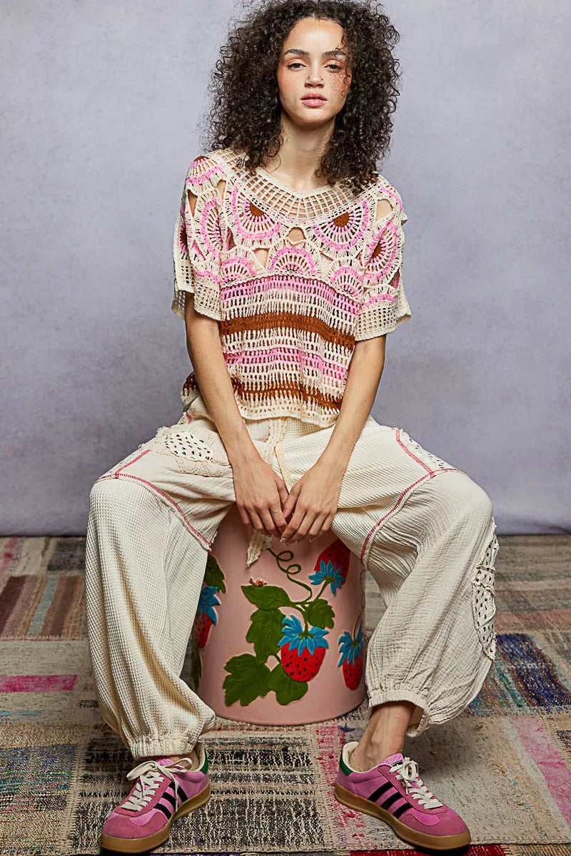 Weave Pattern Short Sleeve Crochet Top with Border Accents - Lilixa.store