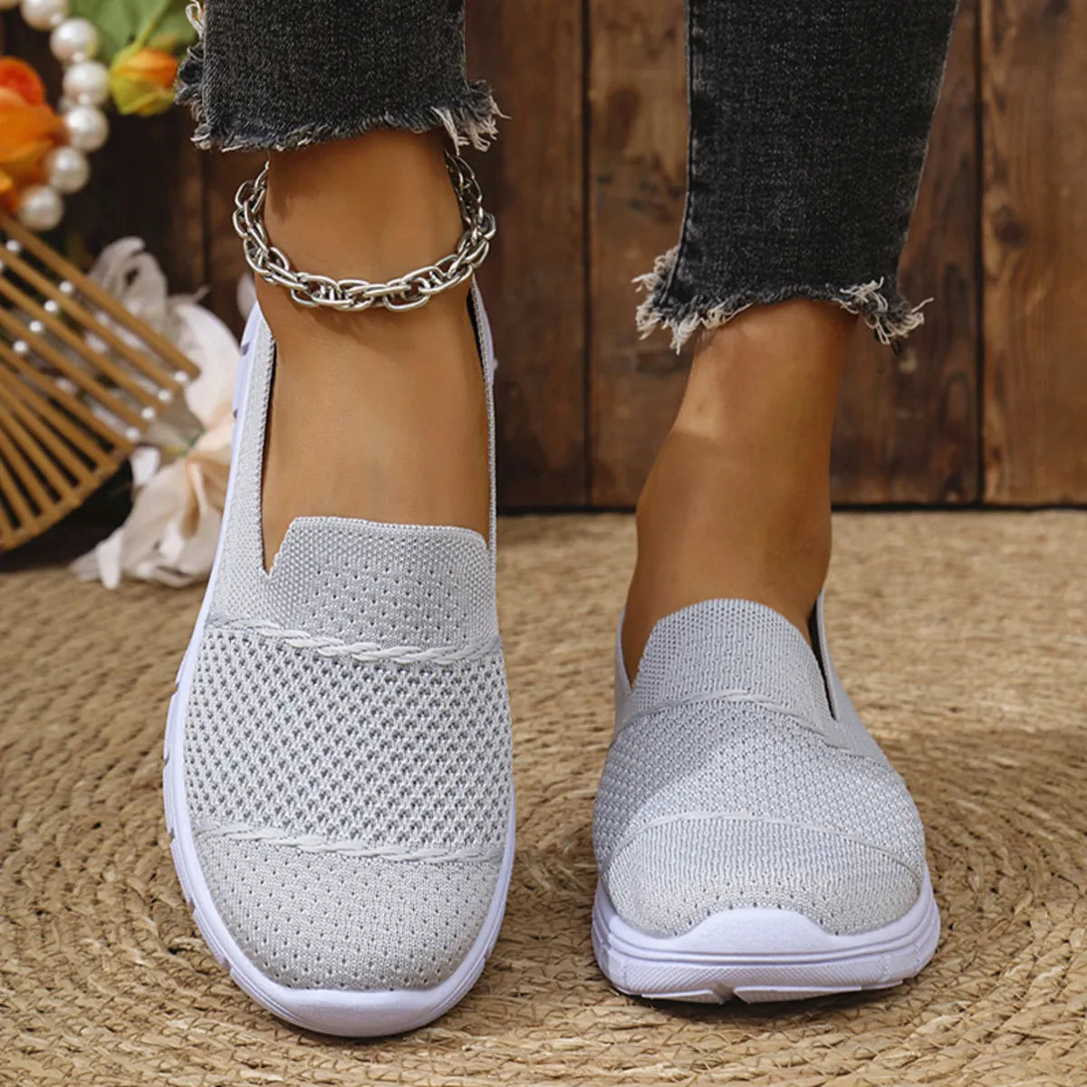 Breathable Mesh Athletic Slip-Ons in Light Gray