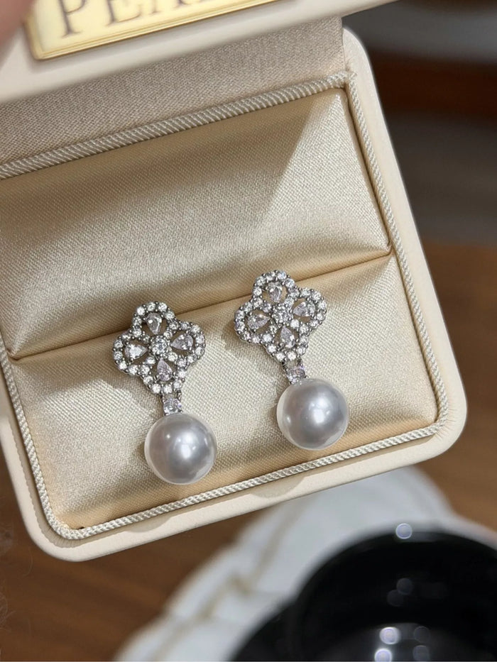 Zircon Four Leaf Clover Pearl Drop Earrings - Lilixa.store