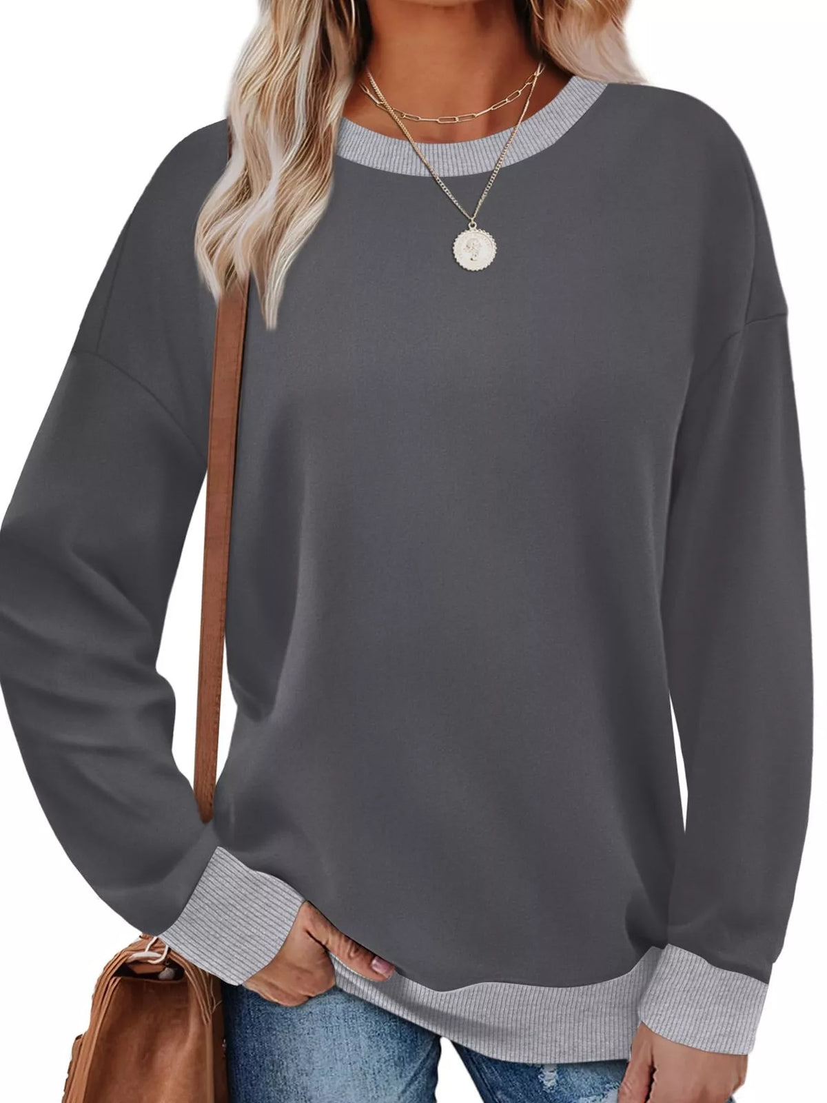 Contrast Trim Crew Neck Casual Sweatshirt - Lilixa.store