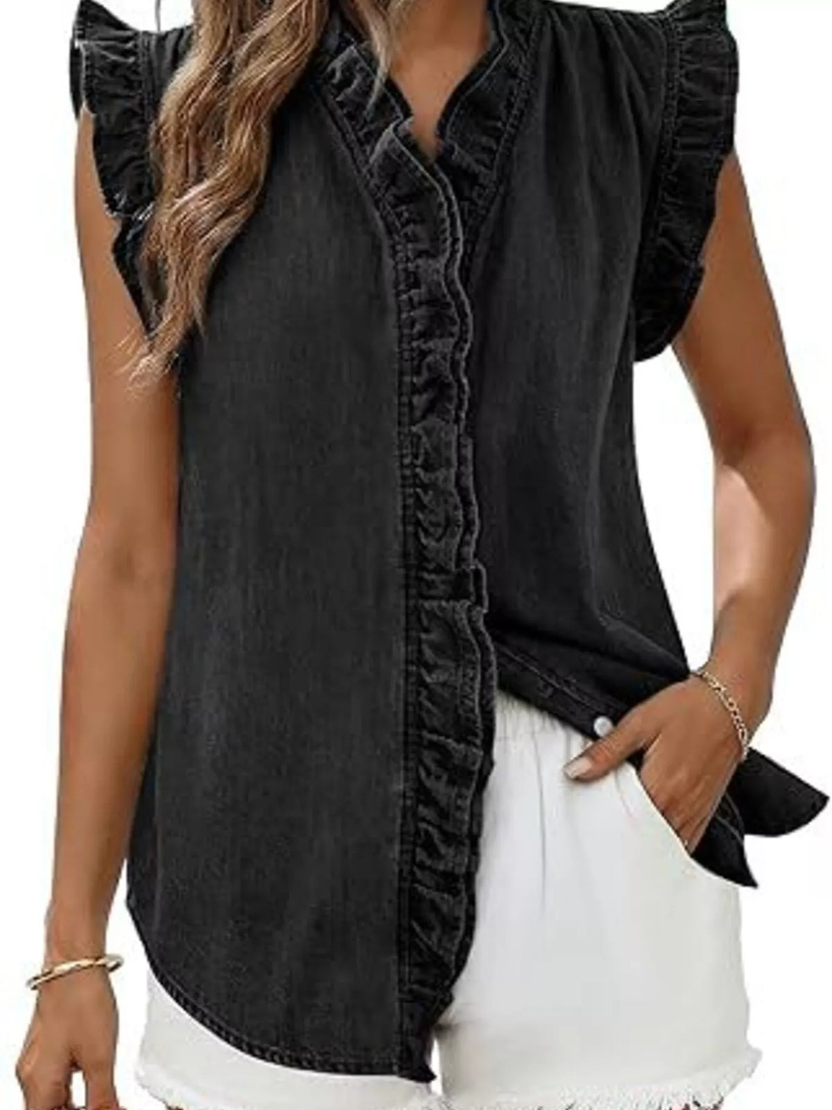 Ruffle Trim V-Neck Sleeveless Denim Top