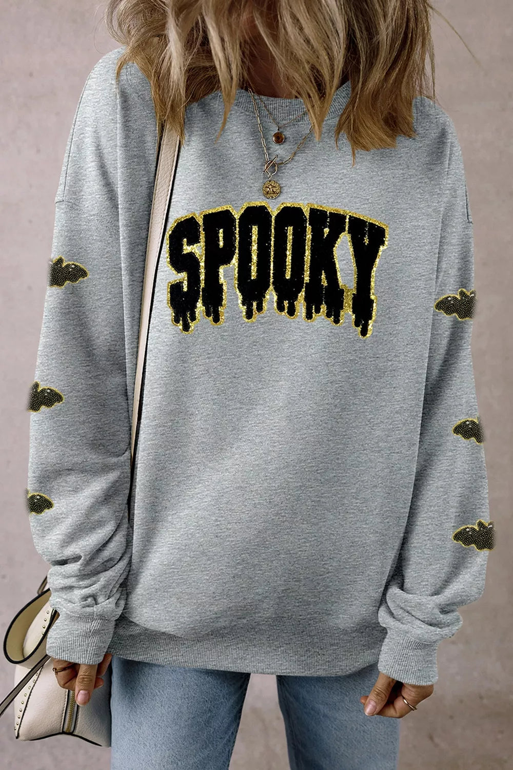 Sequin SPOOKY Halloween Bat Embellished Sleeve Pullover Sweatshirt - Lilixa.store