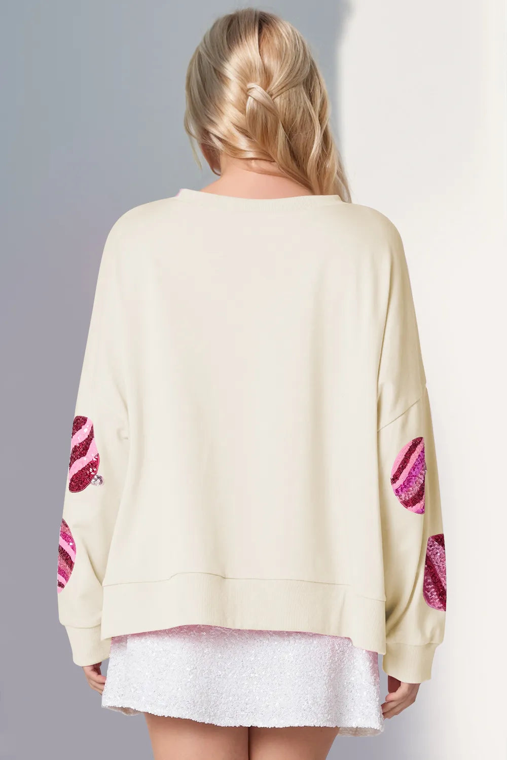 Double Take Sequin Round Neck Long Sleeve Sweatshirt in Cream, view 2