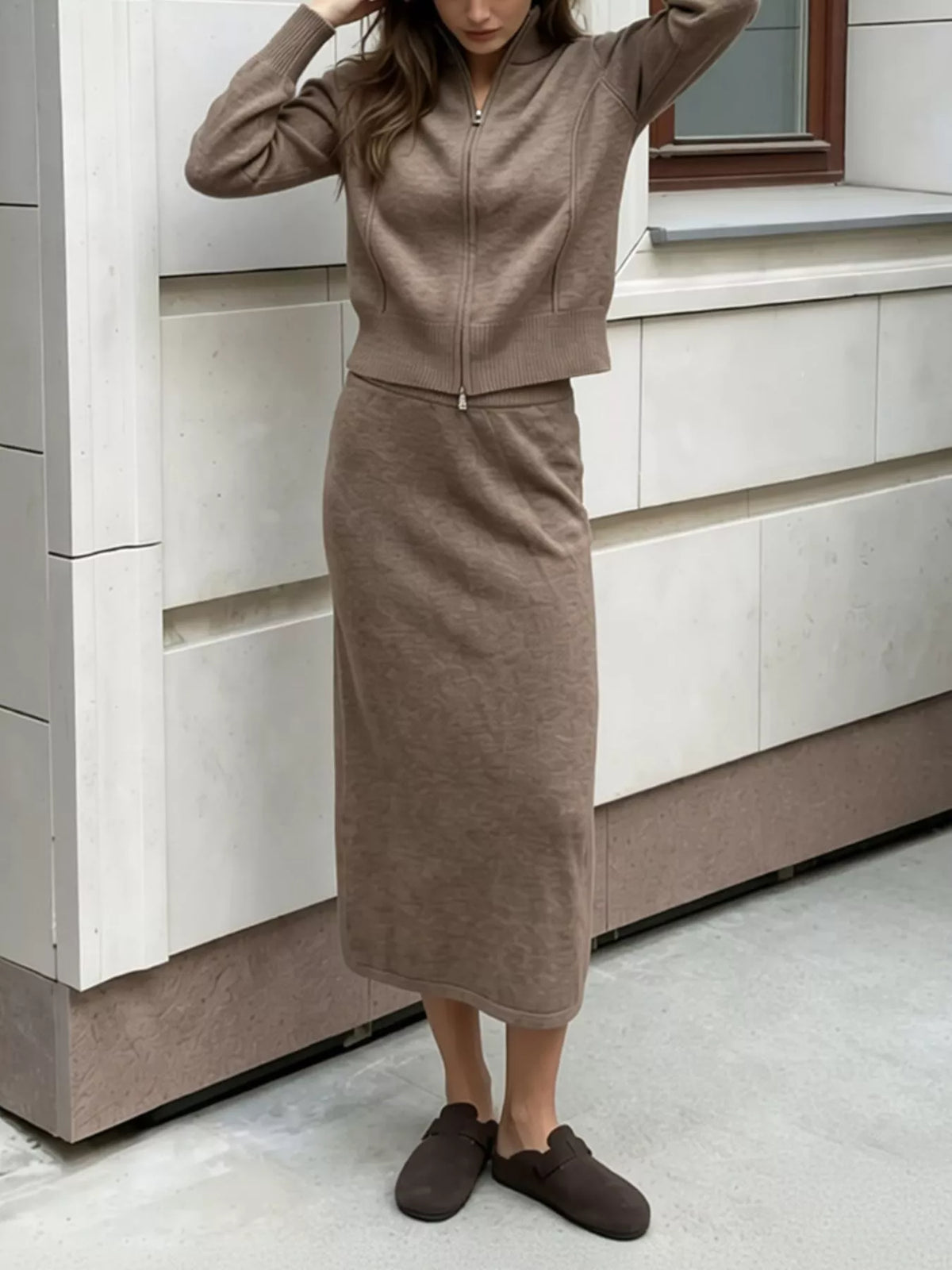 Zip-Up Mock Neck Cardigan and Matching Midi Skirt Sweater Set, view 7