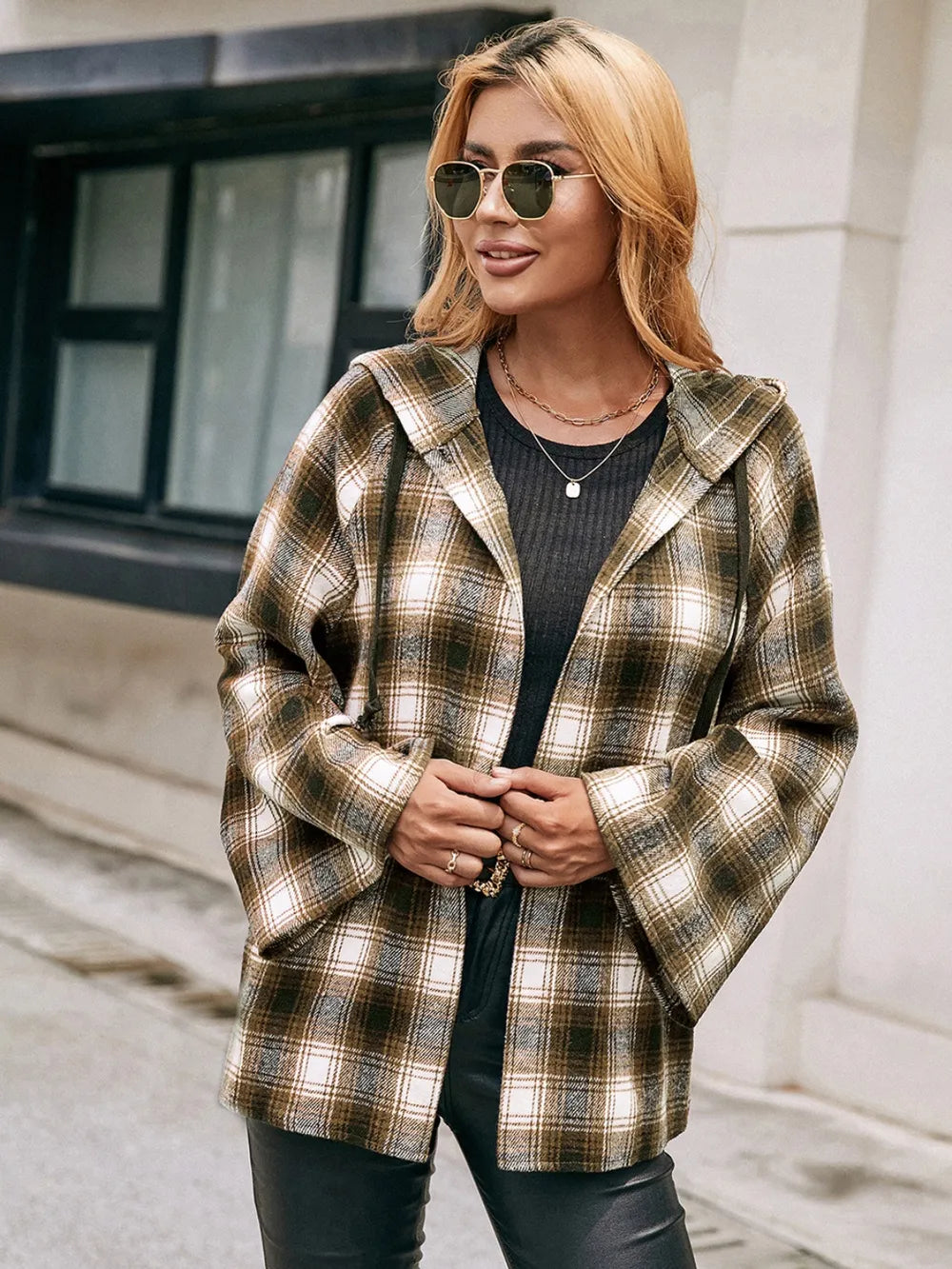 Ivy Lane Pocketed Plaid Long Sleeve Hooded Jacket in Camel, view 5