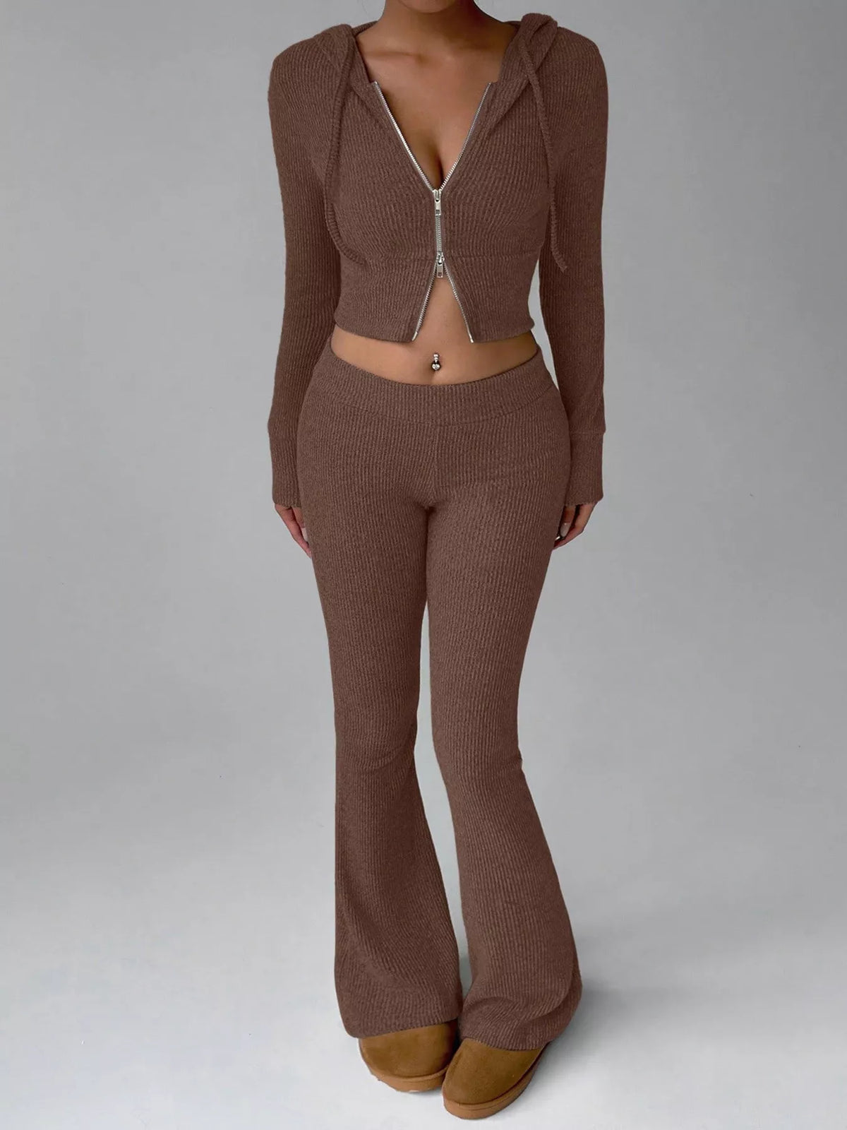 Ribbed Knit Zip-Up Hooded Top and Flared Pants Set