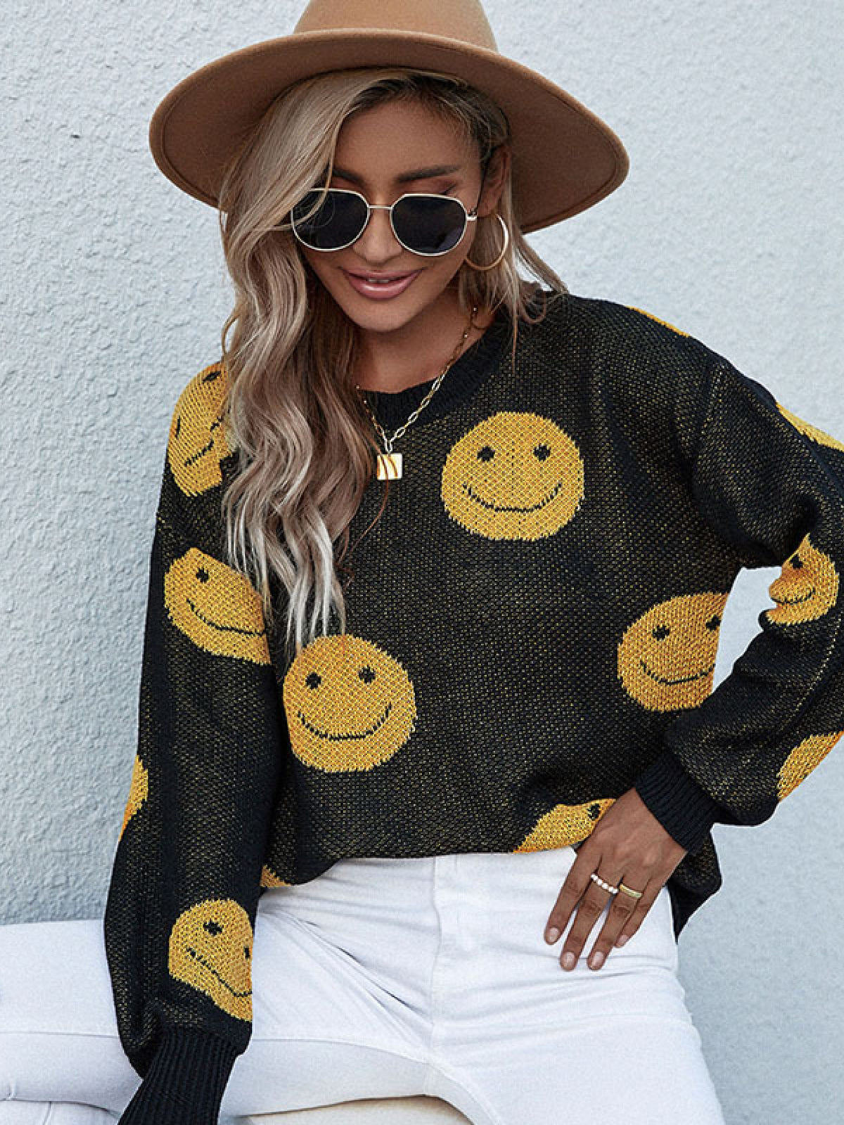 Perfee Smiley Face Sweater in Black, view 2