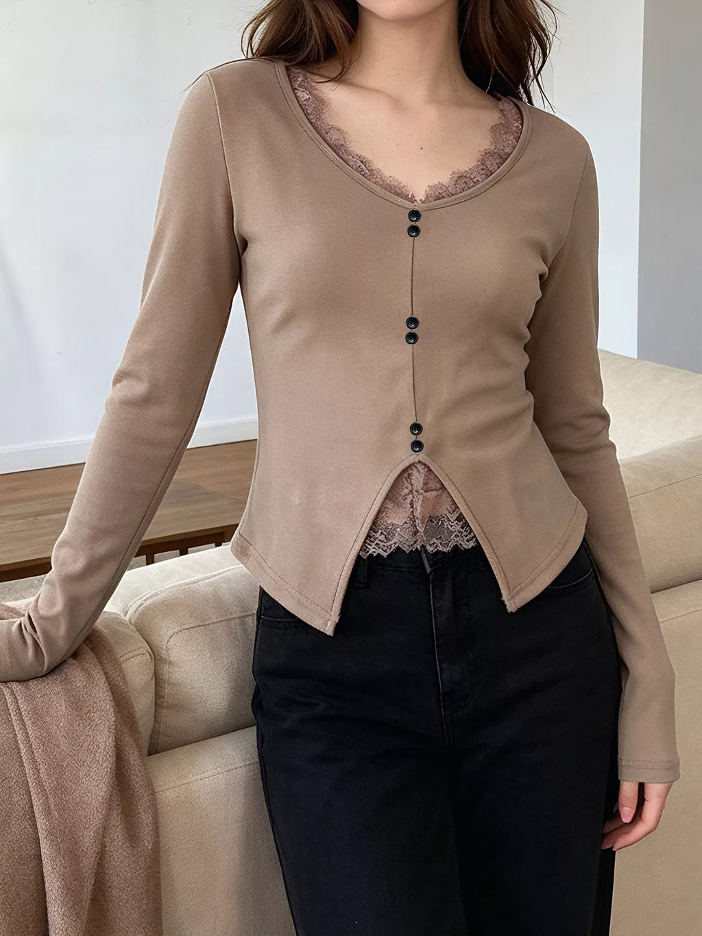 Lace Detail Long Sleeve T-Shirt - Lilixa.store