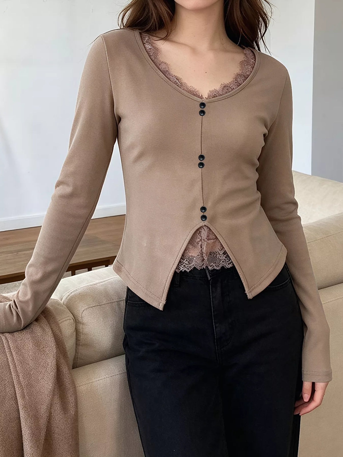 Lace Detail Long Sleeve T-Shirt - Lilixa.store