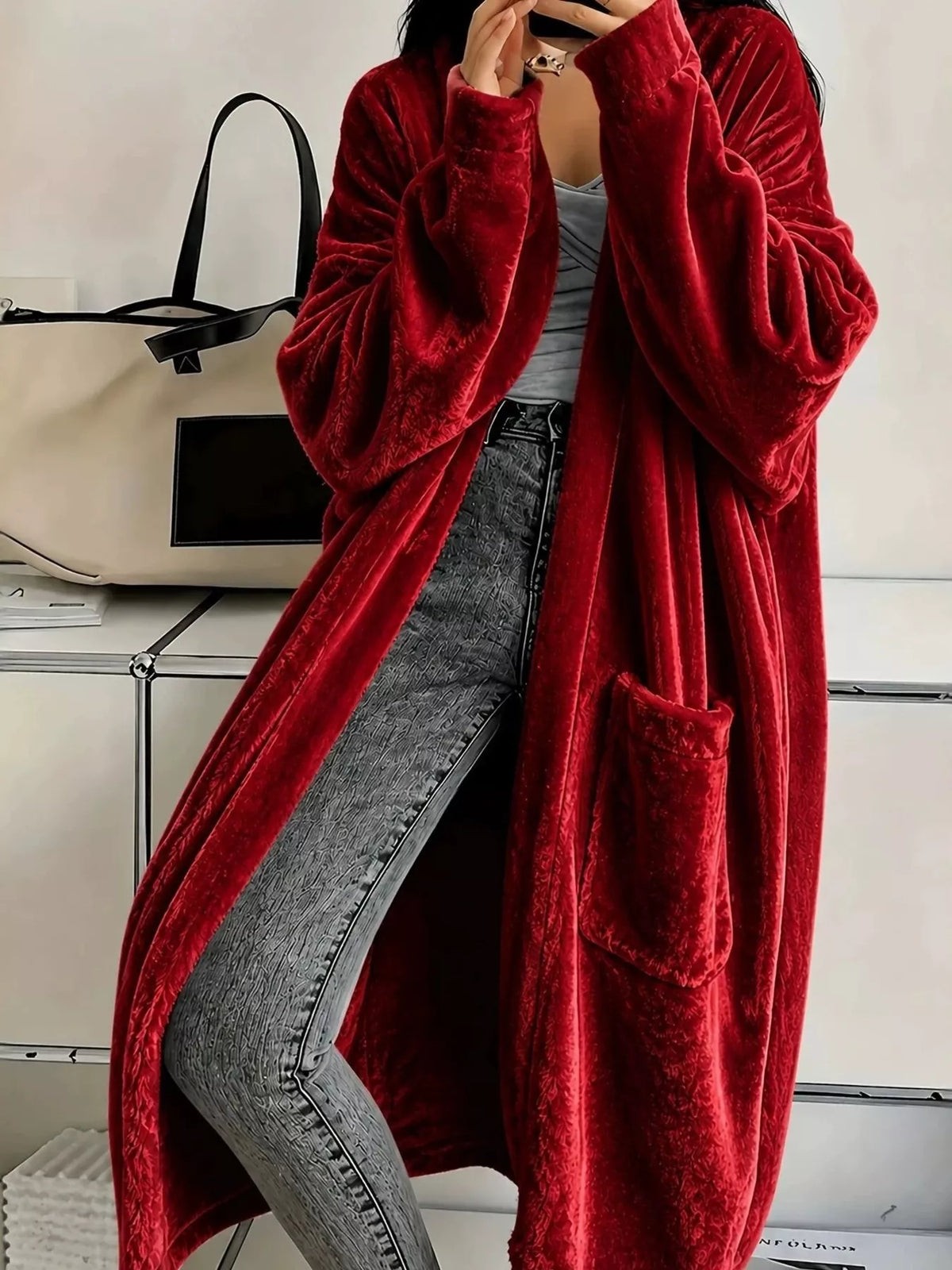 Full Size Velvet Open-Front Longline Outerwear Plus Size - Lilixa.store