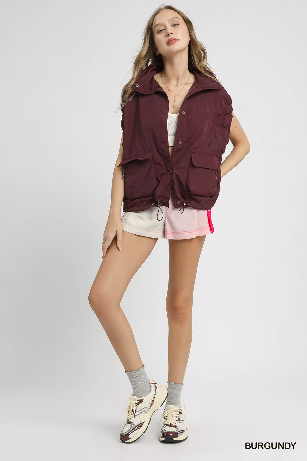 Umgee Drawstring Hem Nylon Vest with Pockets - Lilixa.store