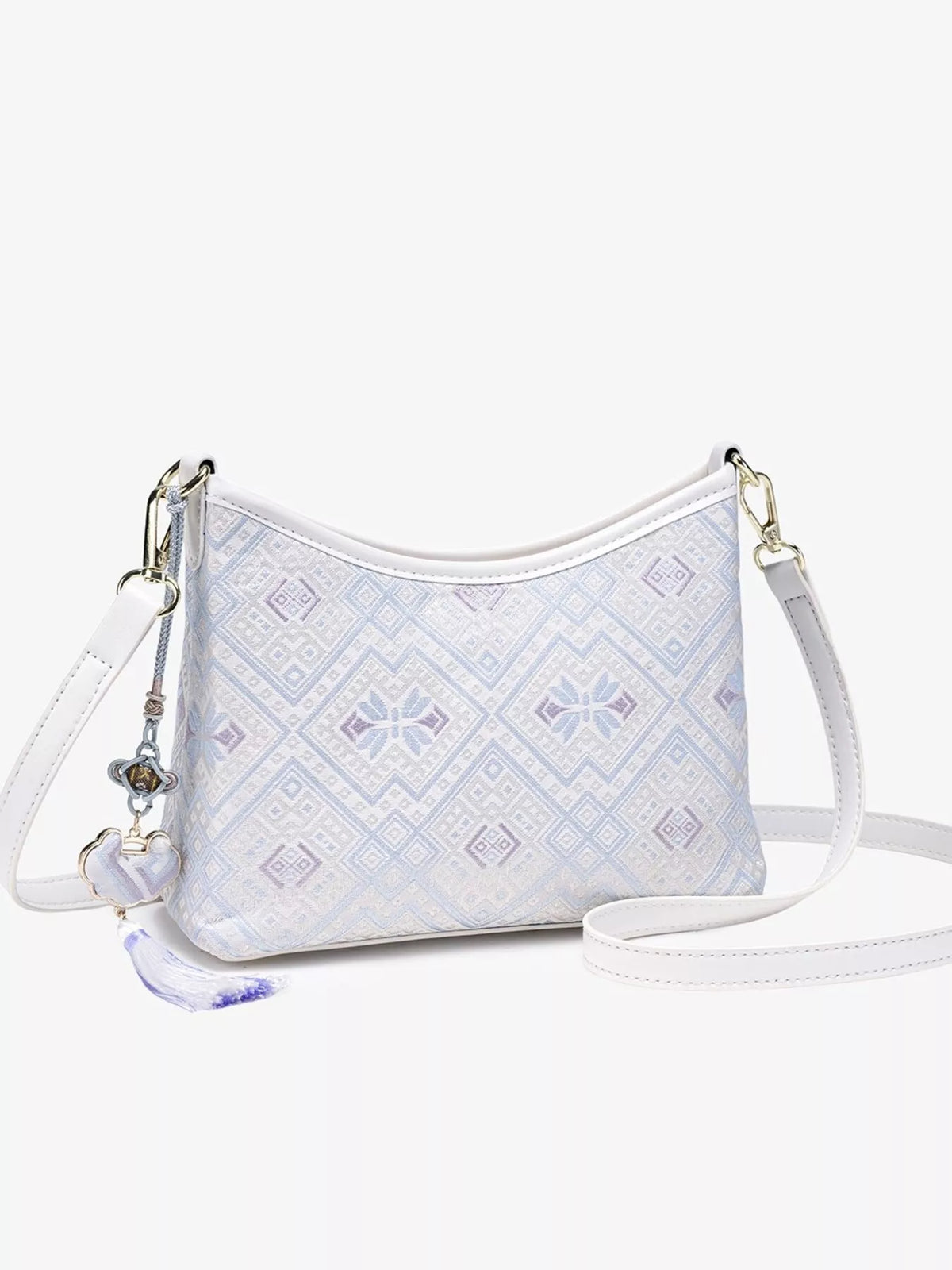 Geometric Pattern Jacquard Crossbody Bag with Tassel Charm in White, view 4