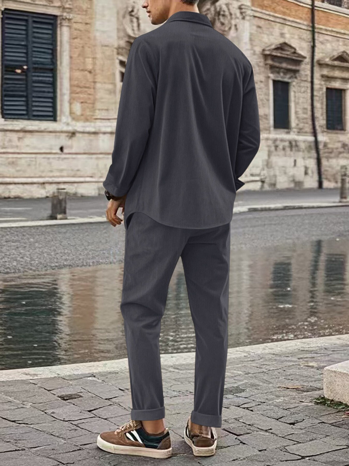 Men's Full Size Button Up Long Sleeve Shirt and Pants Set Plus Size - Lilixa.store