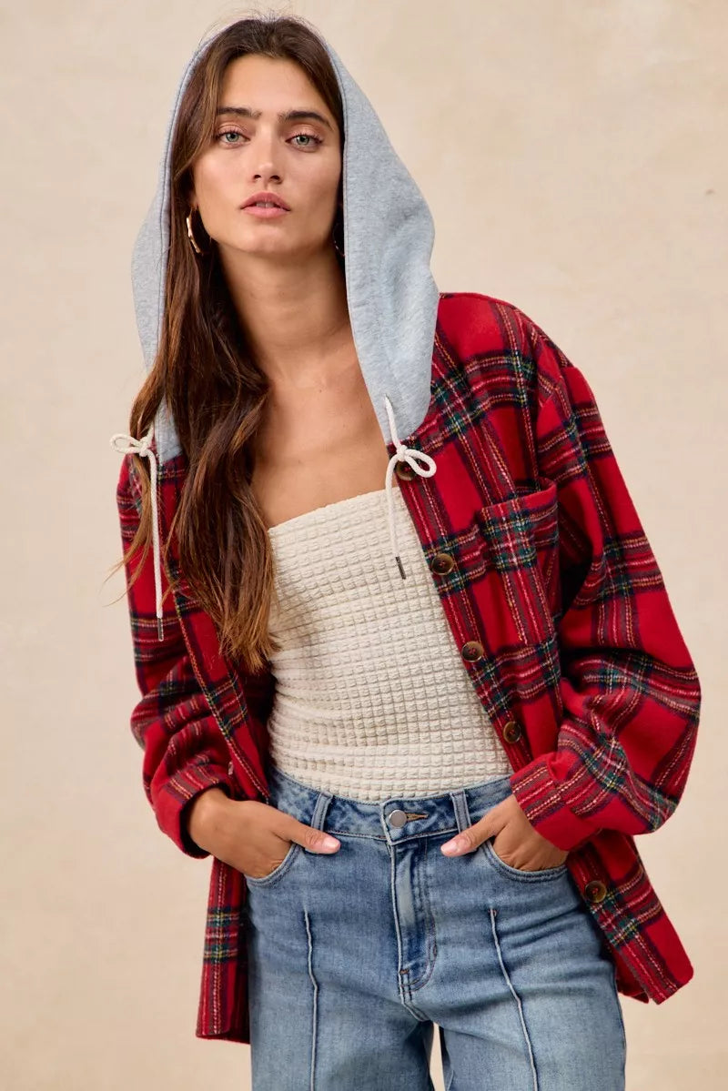 BiBi Brushed Plaid Hooded Jacket in Red Plaid, view 3