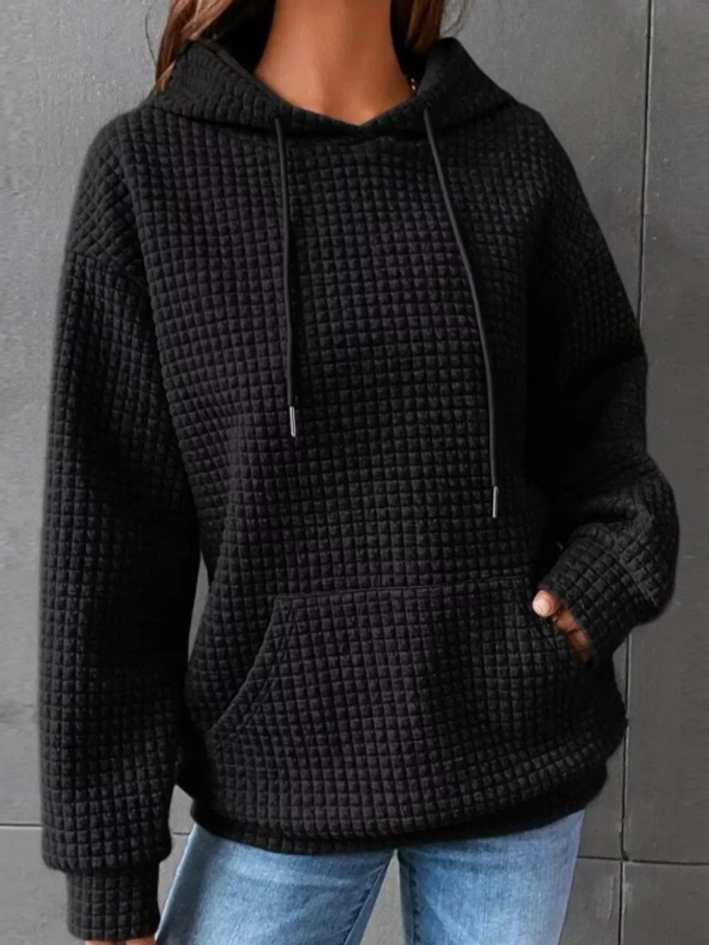 Full Size Textured Kangaroo Pocket Hoodie Plus Size - Lilixa.store
