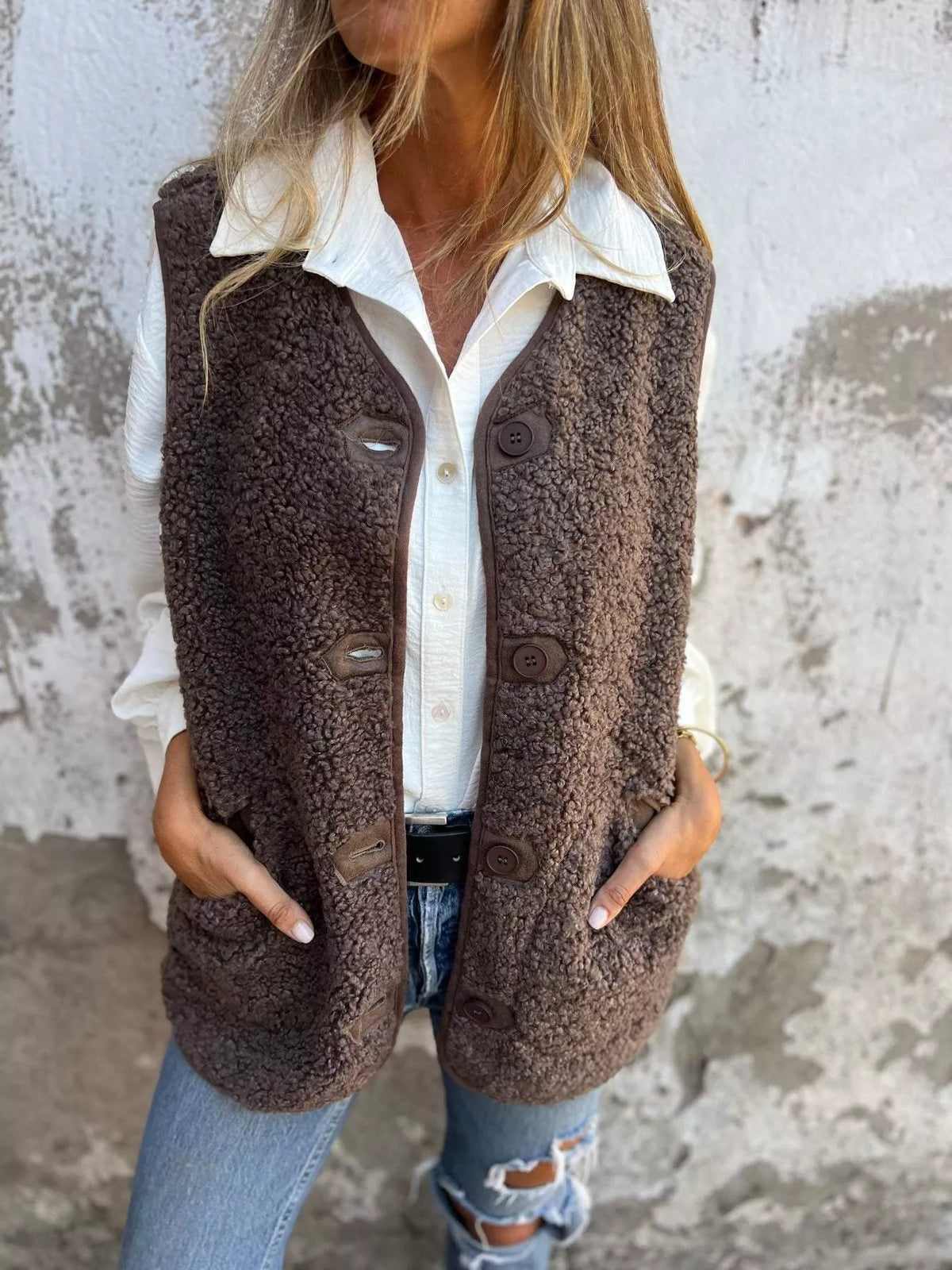 Full Size Cozy Sherpa Fleece Button-Up Vest Coat with Pockets Plus Size - Lilixa.store