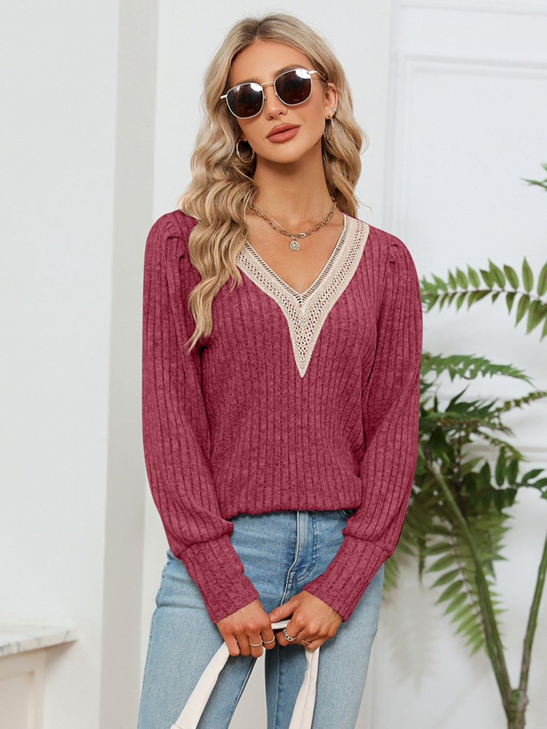 Lace Detail V-Neck Ribbed Blouse, view 5