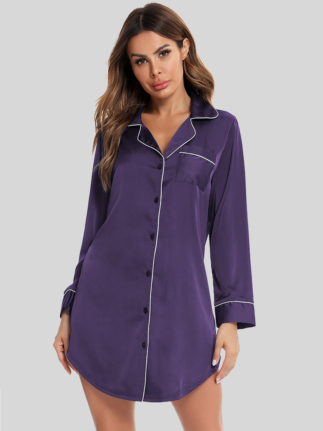 Button Up Lapel Collar Night Dress with Pocket - Lilixa.store