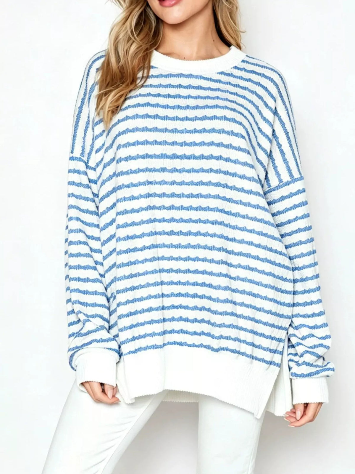 Oversized Striped Crew Neck Sweatshirt in Sky Blue