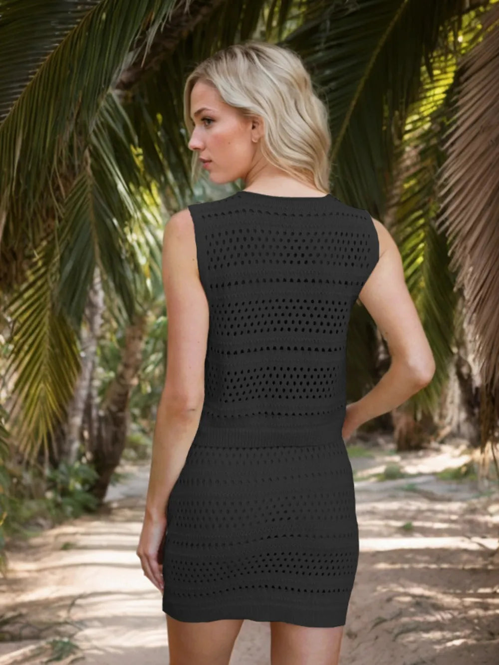 Openwork V-Neck Top and Skirt Knit Cover Up Set - Lilixa.store
