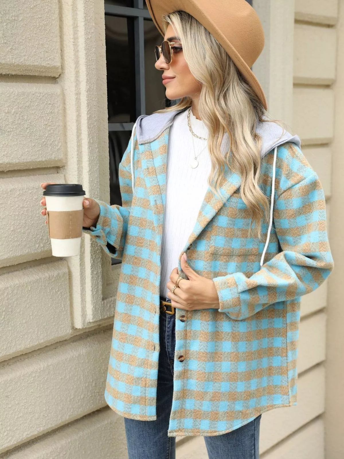 Plaid Button Up Long Sleeve Drawstring Hooded Jacket, view 24
