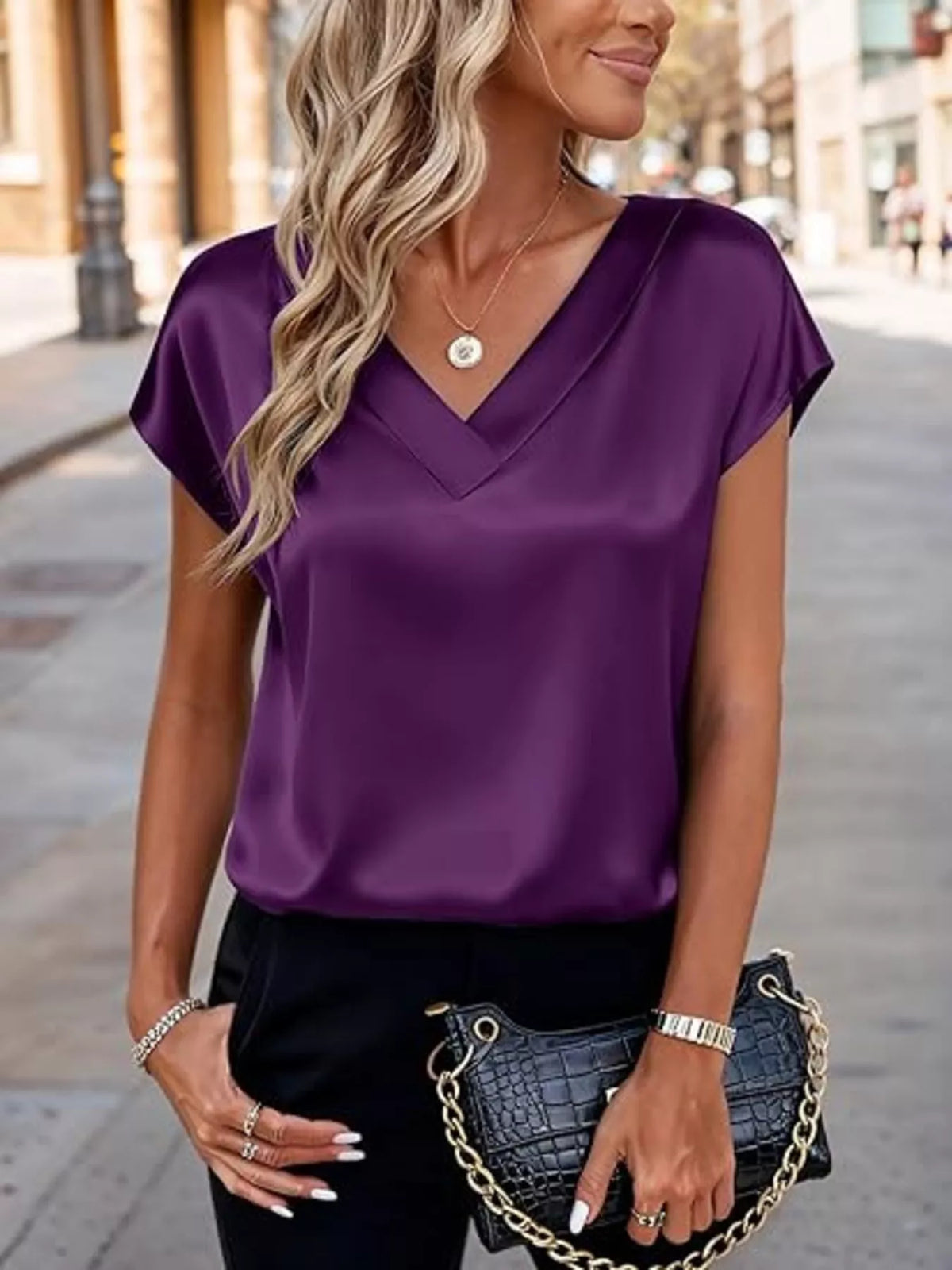 Satin V-Neck Short Sleeve Blouse - Lilixa.store