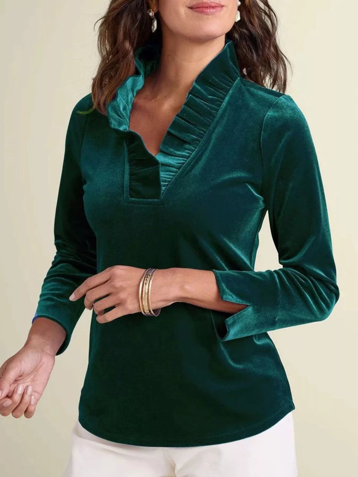Velvet Long Sleeve Blouse with Ruffled V-Neck in Dark Green