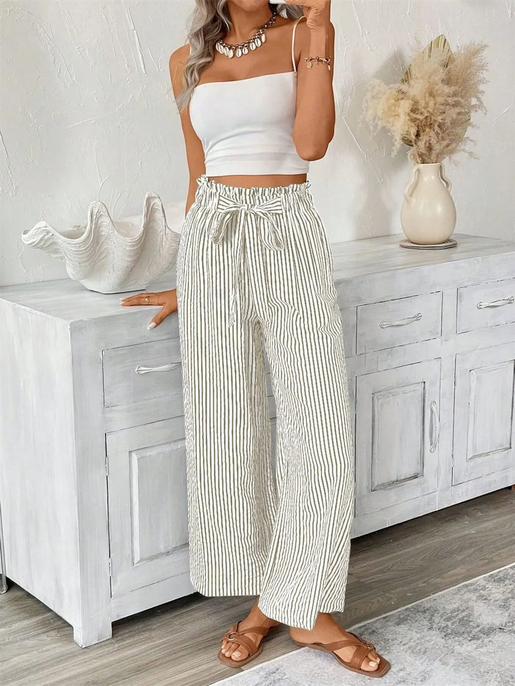 Full Size Striped Wide Leg Paper Bag Pants Plus Size - Lilixa.store