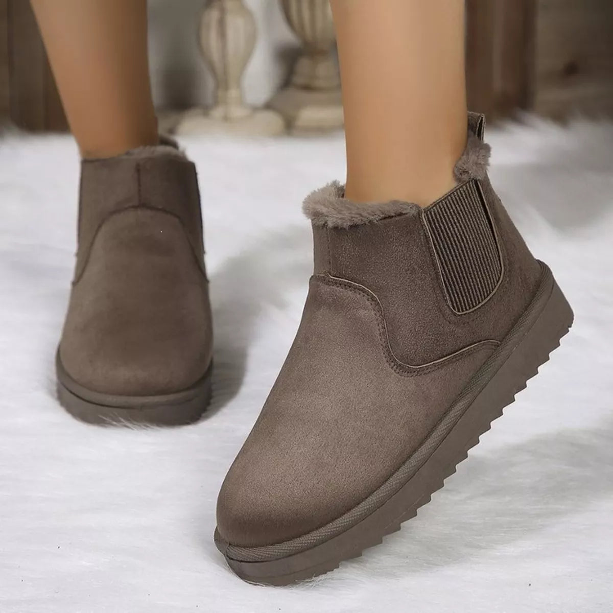 Plush Lined Slip-On Chelsea Winter Boots in Khaki