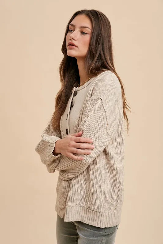 Annie Wear Half Button Ribbed Hem Sweater - Lilixa.store