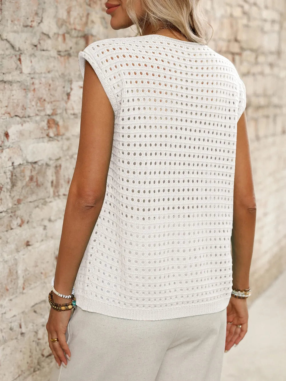 Tied Front Openwork V-Neck Knit Top, view 17