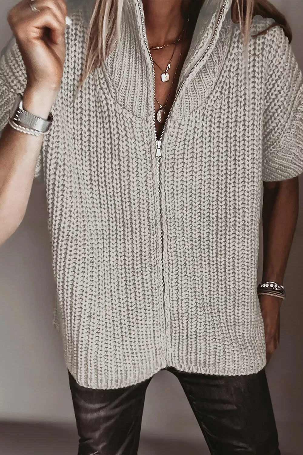 Solid Color Short Sleeve Zipper Knit High Neck Sweater