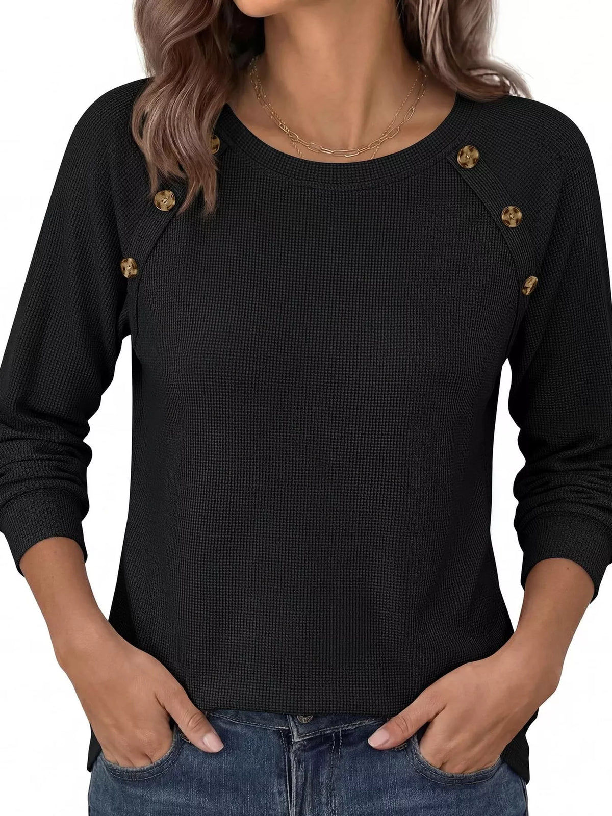 Decorative Button Waffle Knit Long Sleeve T-Shirt