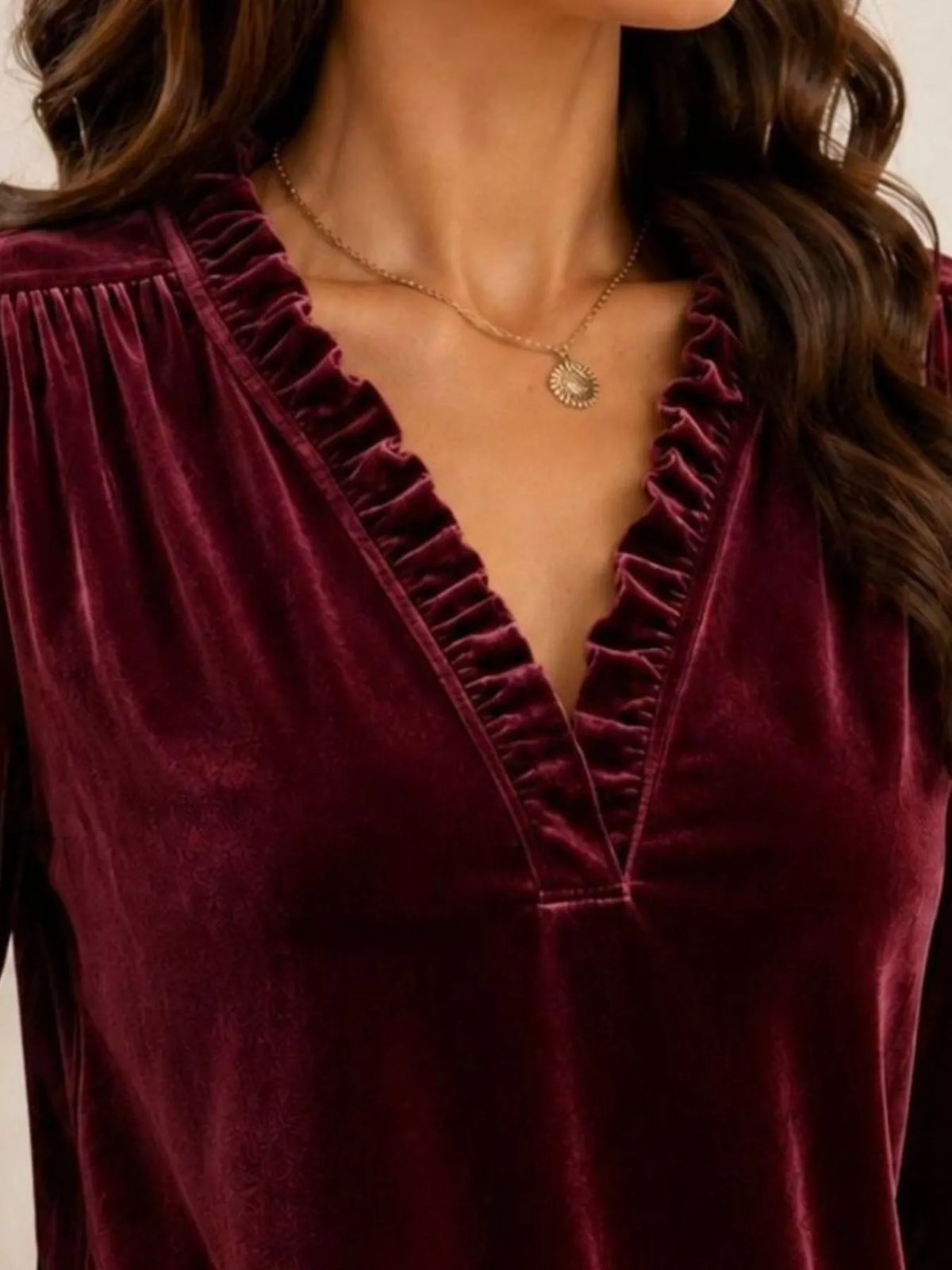 V-Neck Ruffle Trim Velvet Blouse - Lilixa.store