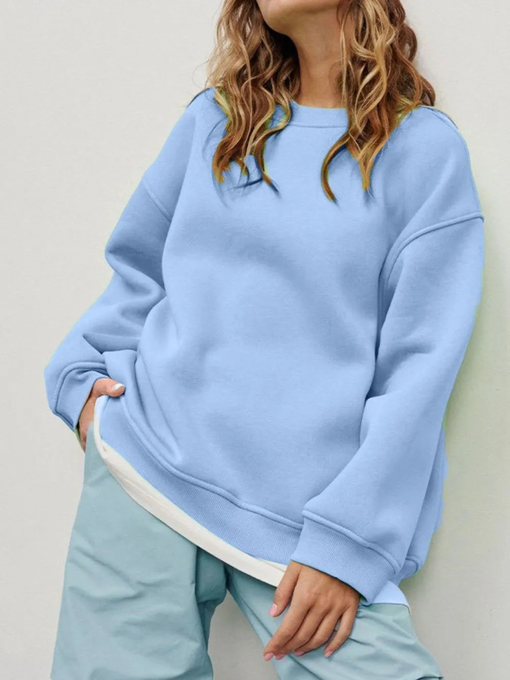 Round Neck Dropped Shoulder Long Sleeve Sweatshirt - Lilixa.store