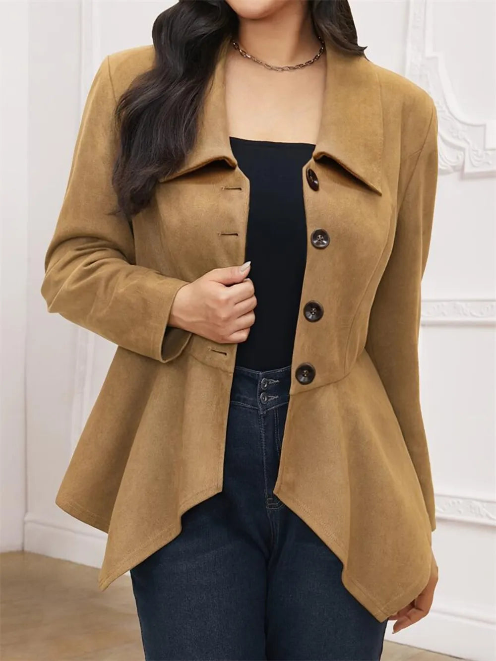 Handkerchief Hem Button Up Collared Neck Jacket in Camel