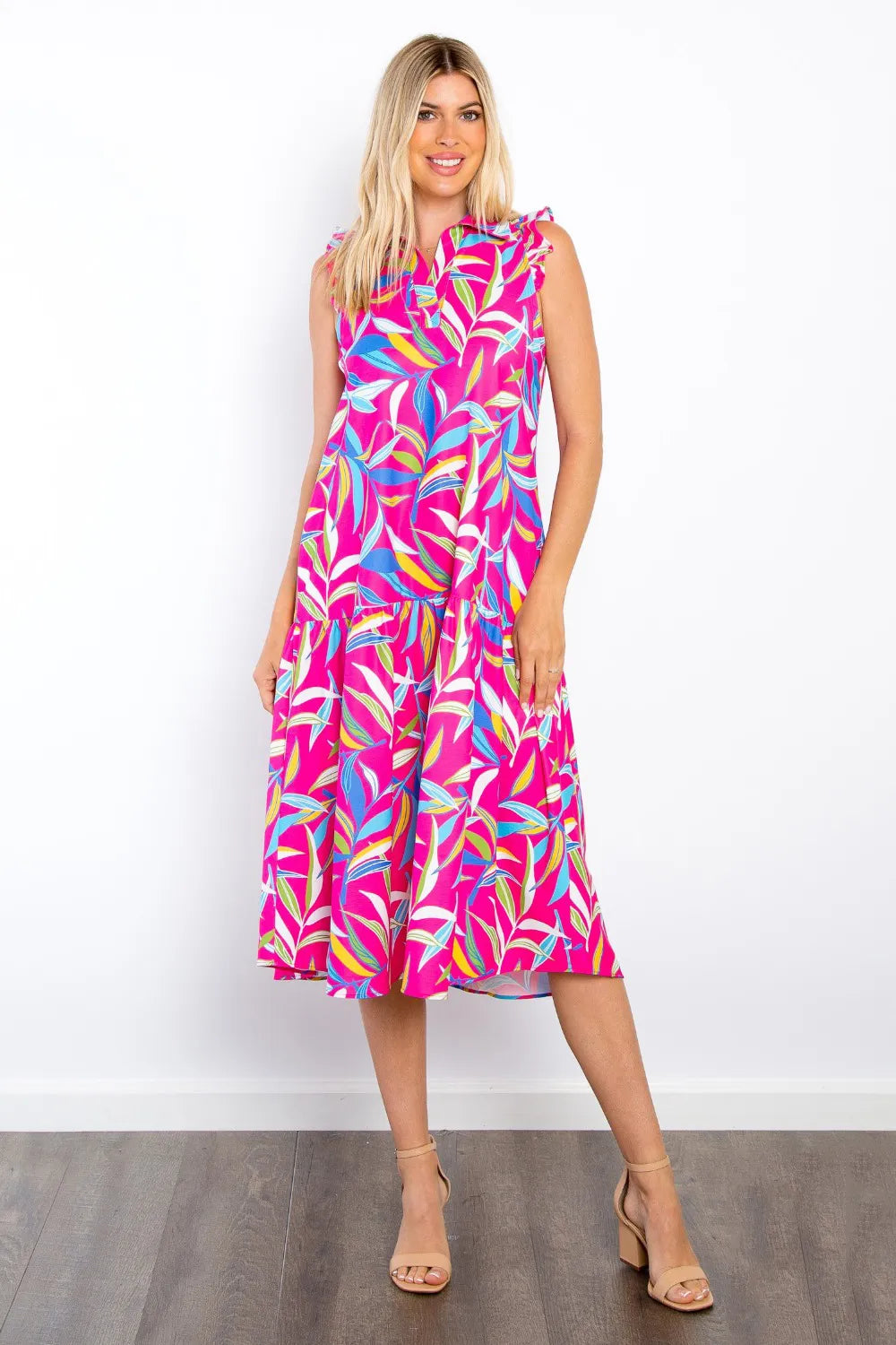 Be Stage Print Ruffled Midi Dress with Pockets - Lilixa.store
