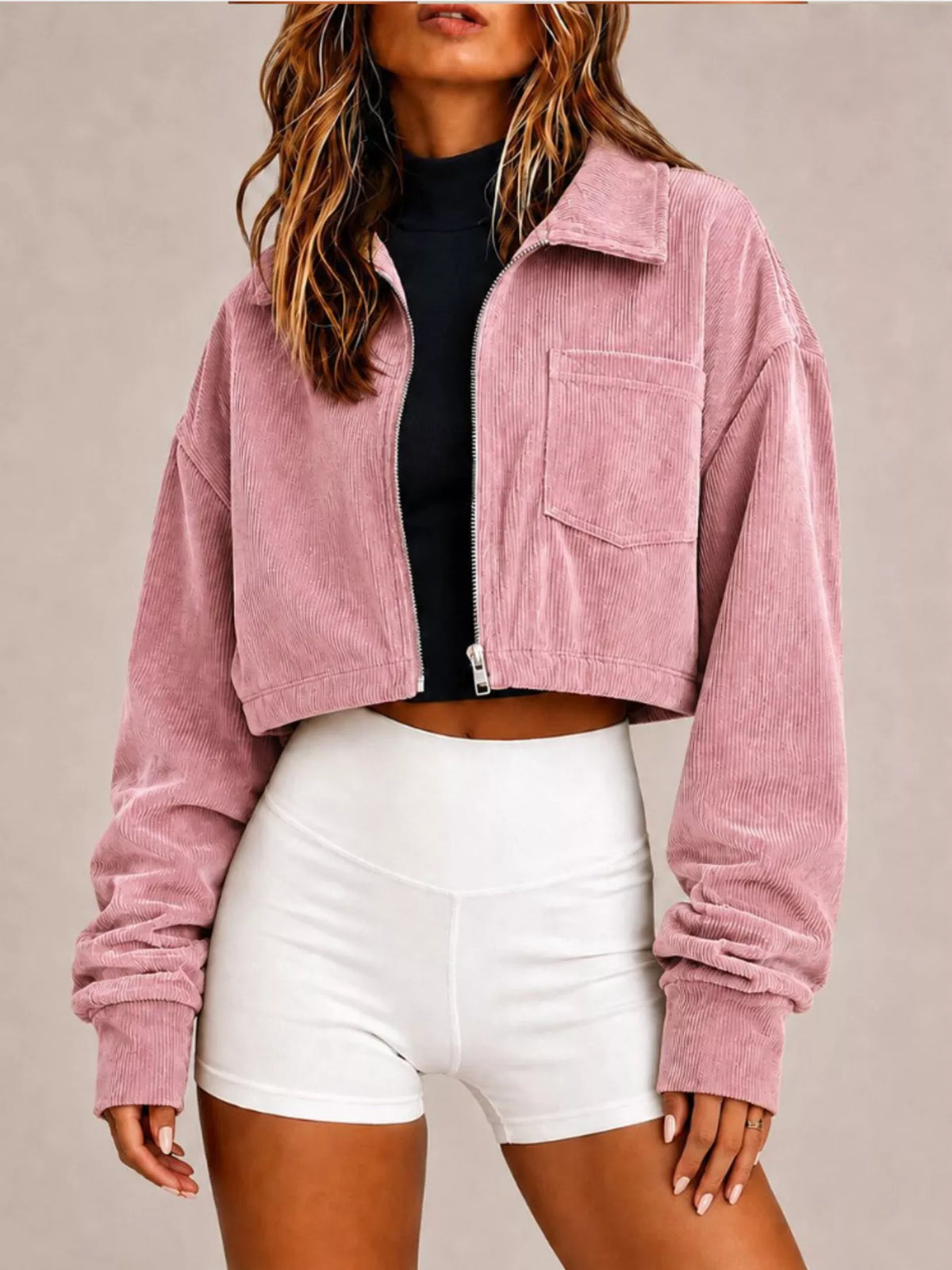 Corduroy Zip Up Cropped Jacket - Lilixa.store