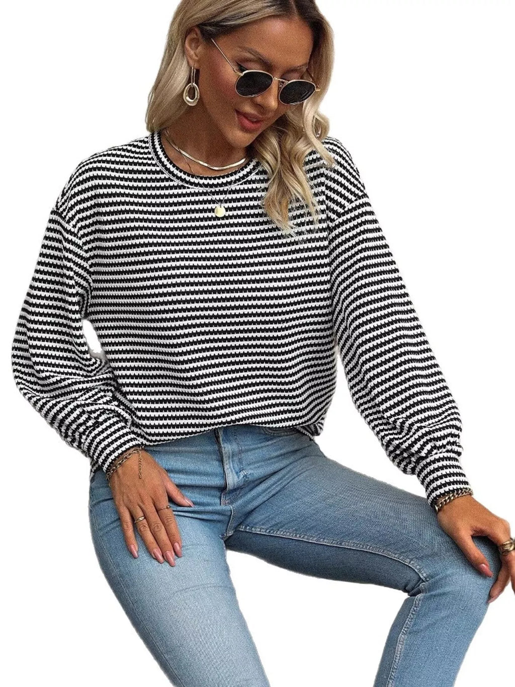 Striped Round Neck Lantern Sleeve Top - Lilixa.store