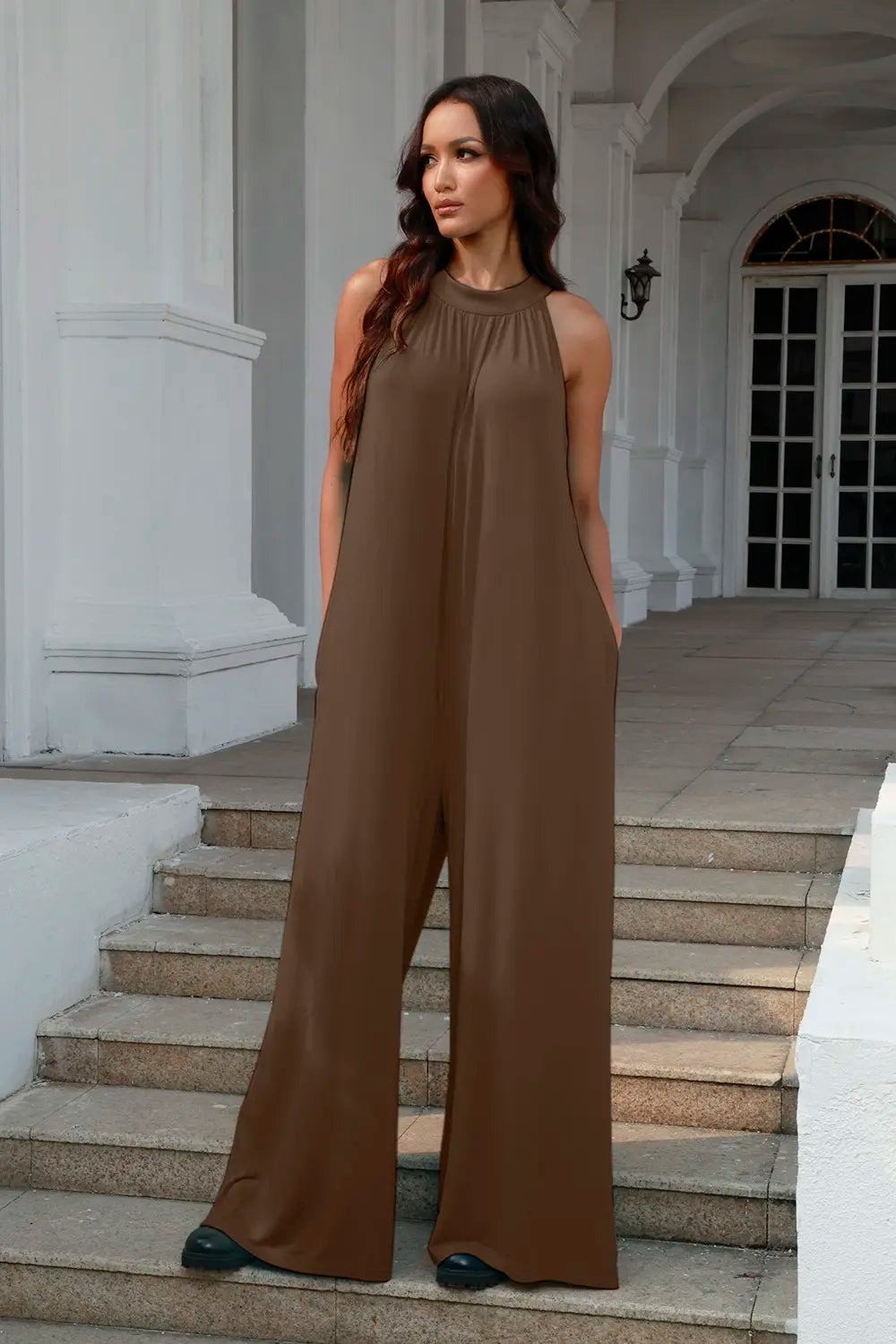 Double Take Full Size Tie Back Cutout Sleeveless Jumpsuit - Lilixa.store