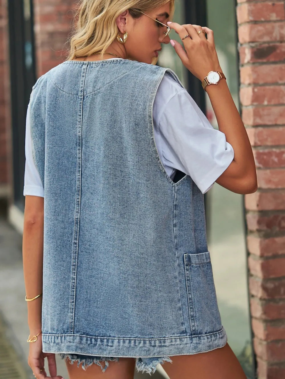 Full Size V-Neck Button Up Denim Vest - Lilixa.store
