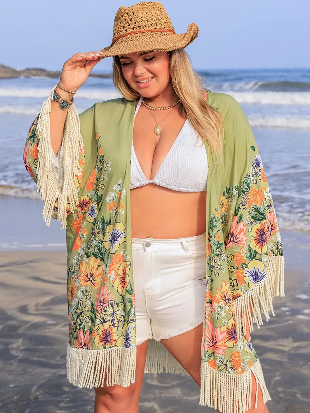 Plus Size Fringe Open Front Cover-Up in Sage