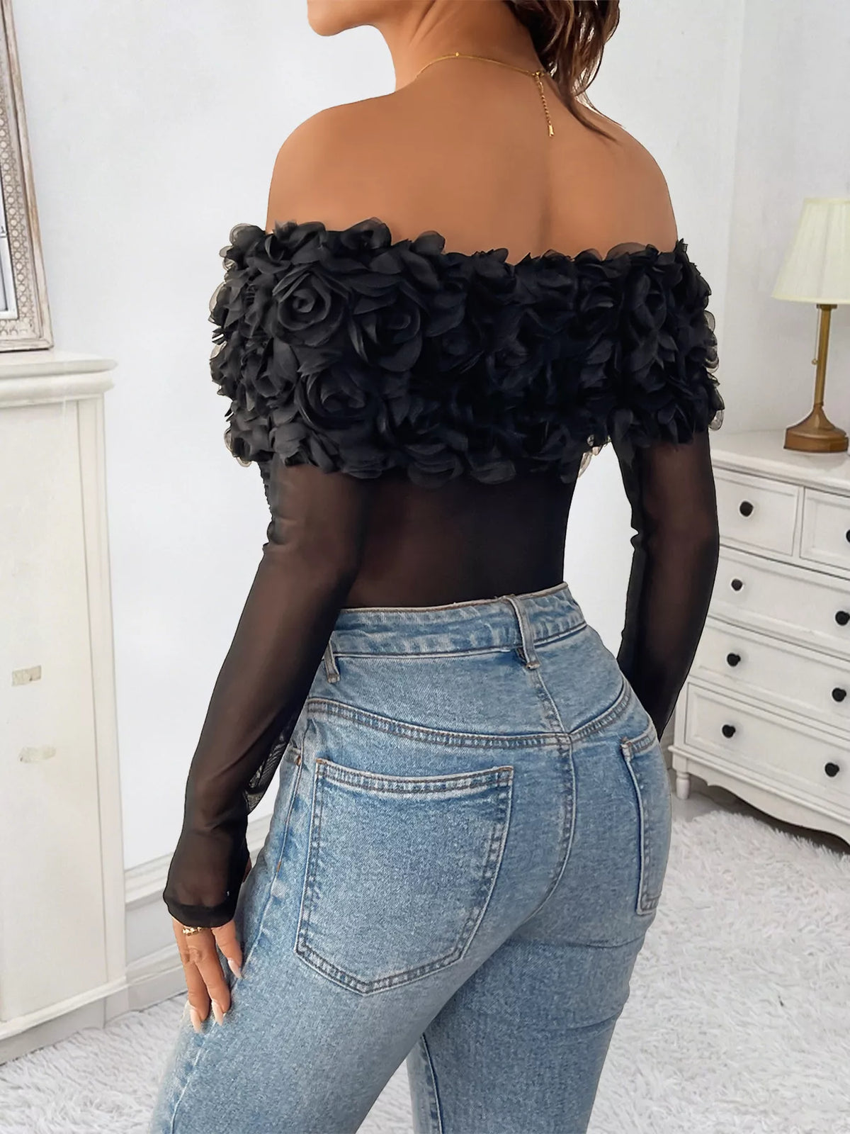 Flower Off-Shoulder Mesh Bodysuit - Lilixa.store