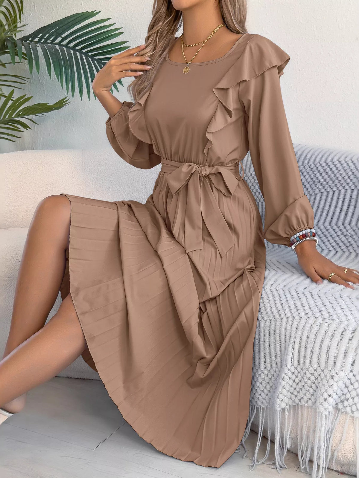 Ruffled Pleated Midi Dress with Waist Tie, view 16
