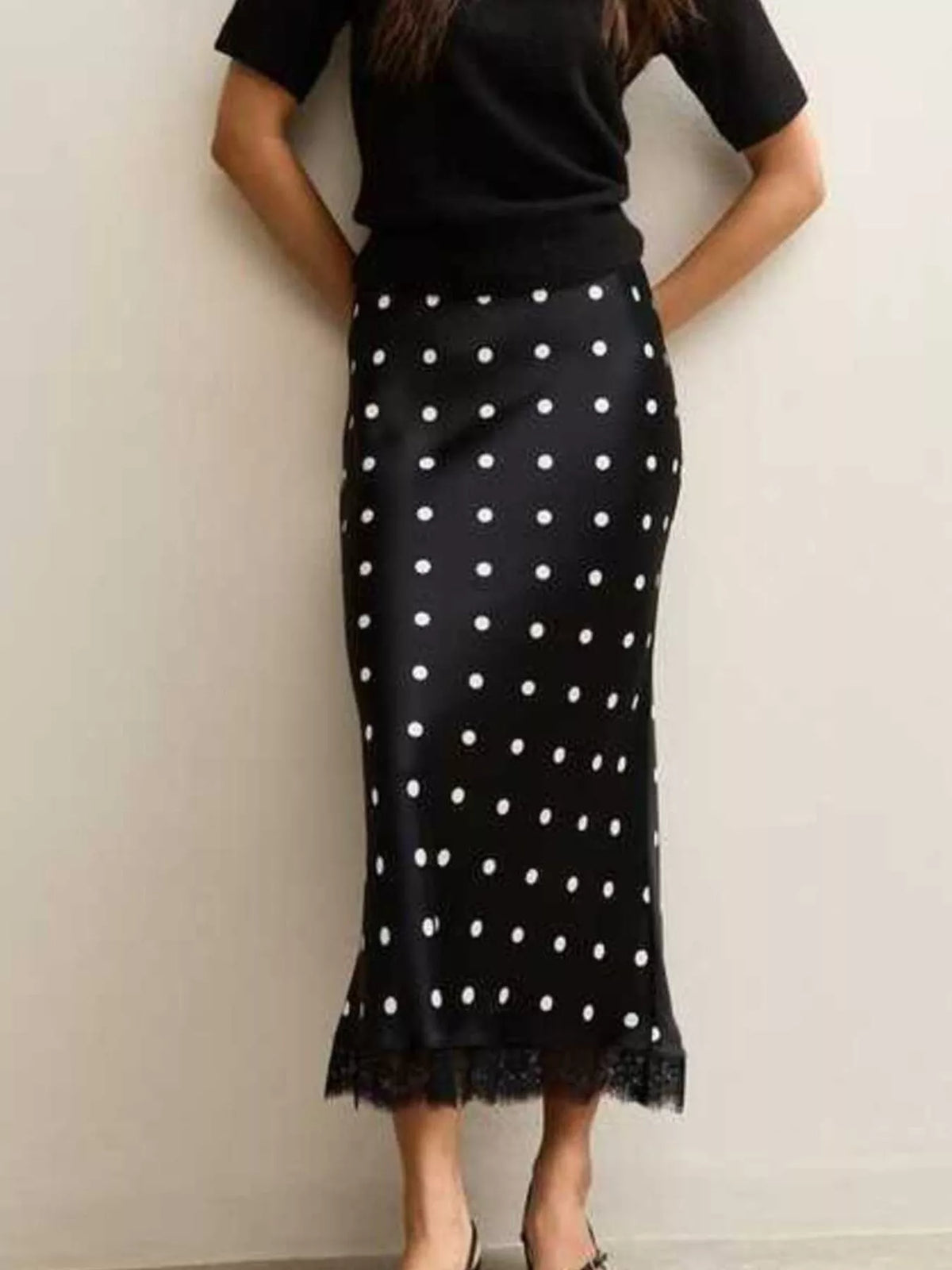 Polka Dot Midi Skirt with Lace Trim - Lilixa.store