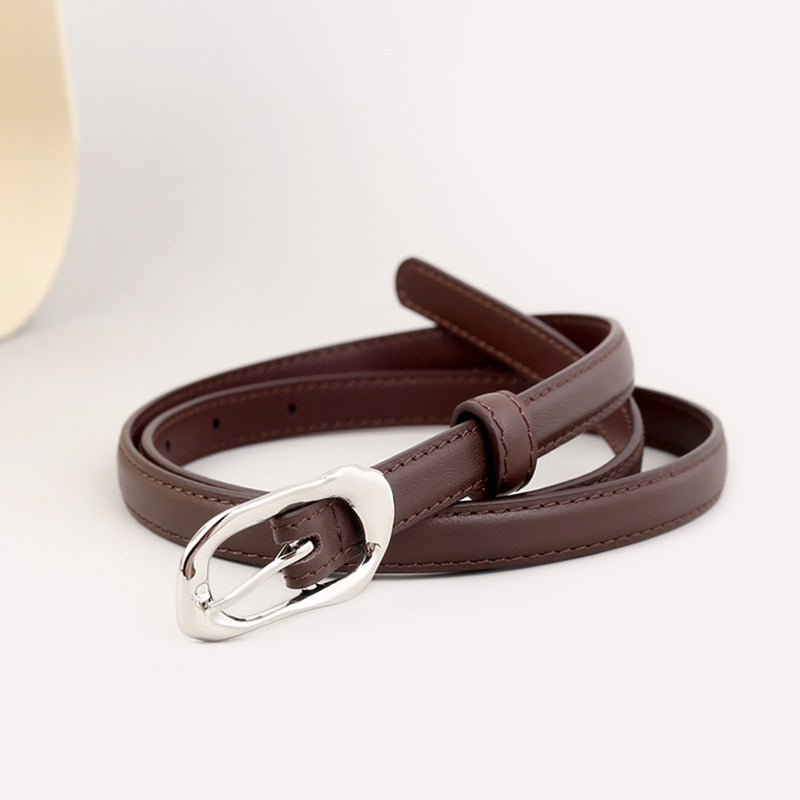 Silver Buckle Skinny Belt in Coffee Brown