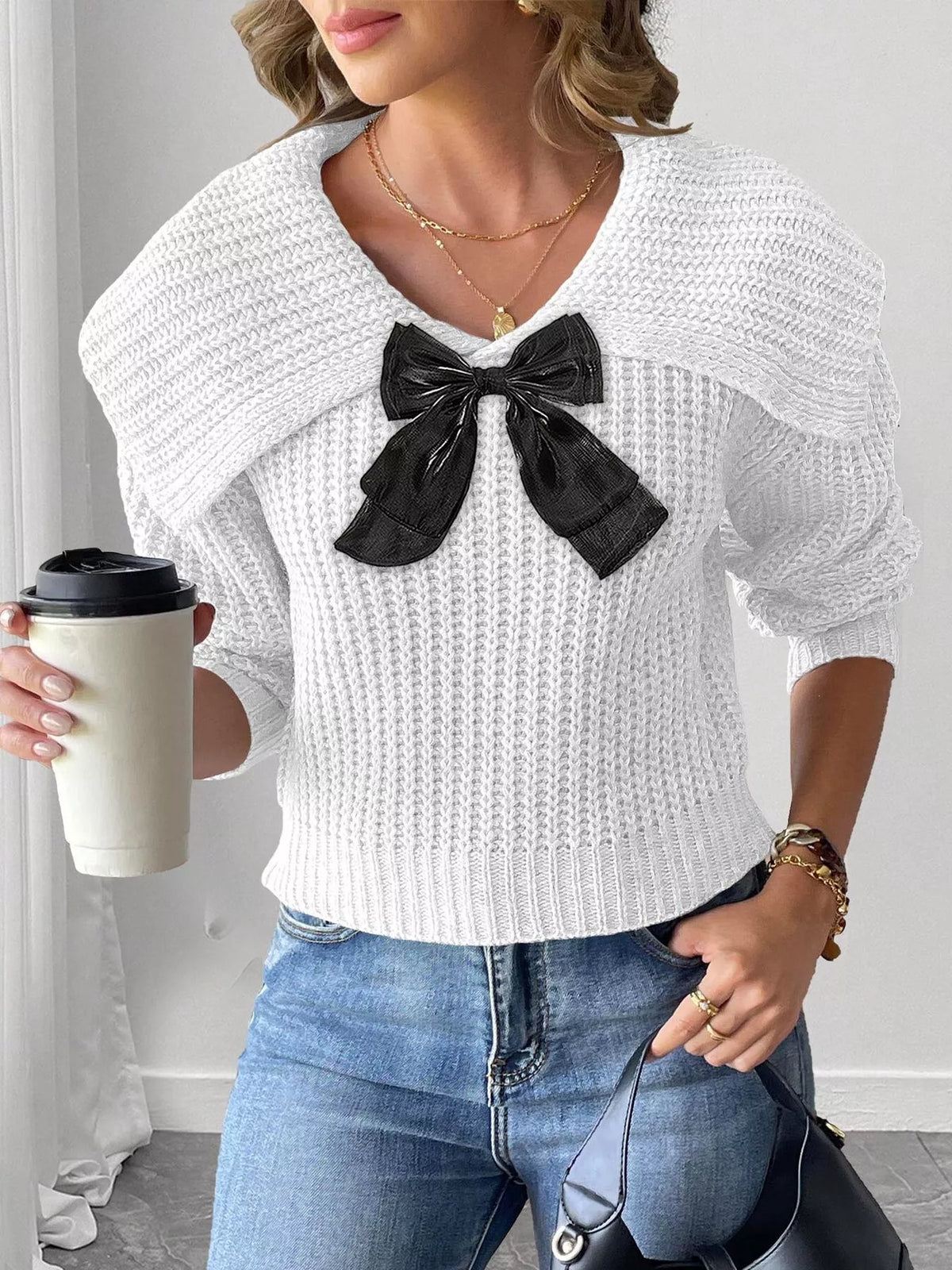 Contrast Bow Long Sleeve Sweater