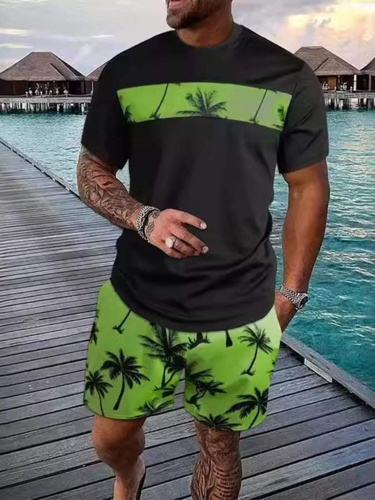 Men's Full Size Tropical Palm Tree Tee and Shorts Set Plus Size - Lilixa.store